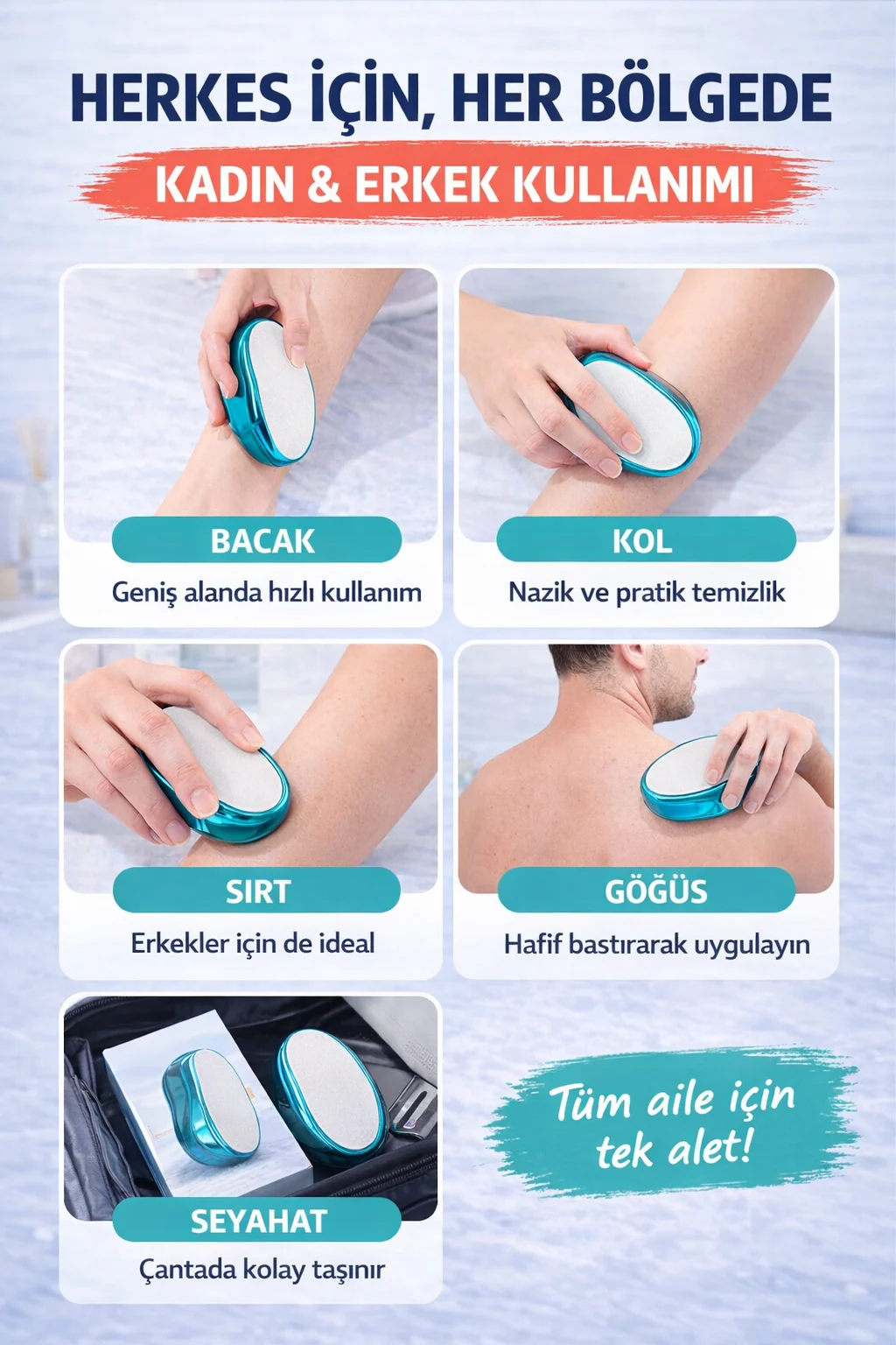 Tüy silgisi kimler için uygun? Kadın, erkek, her bölge — Bacak, kol, sırt ve göğüste unisex kullanım kartları