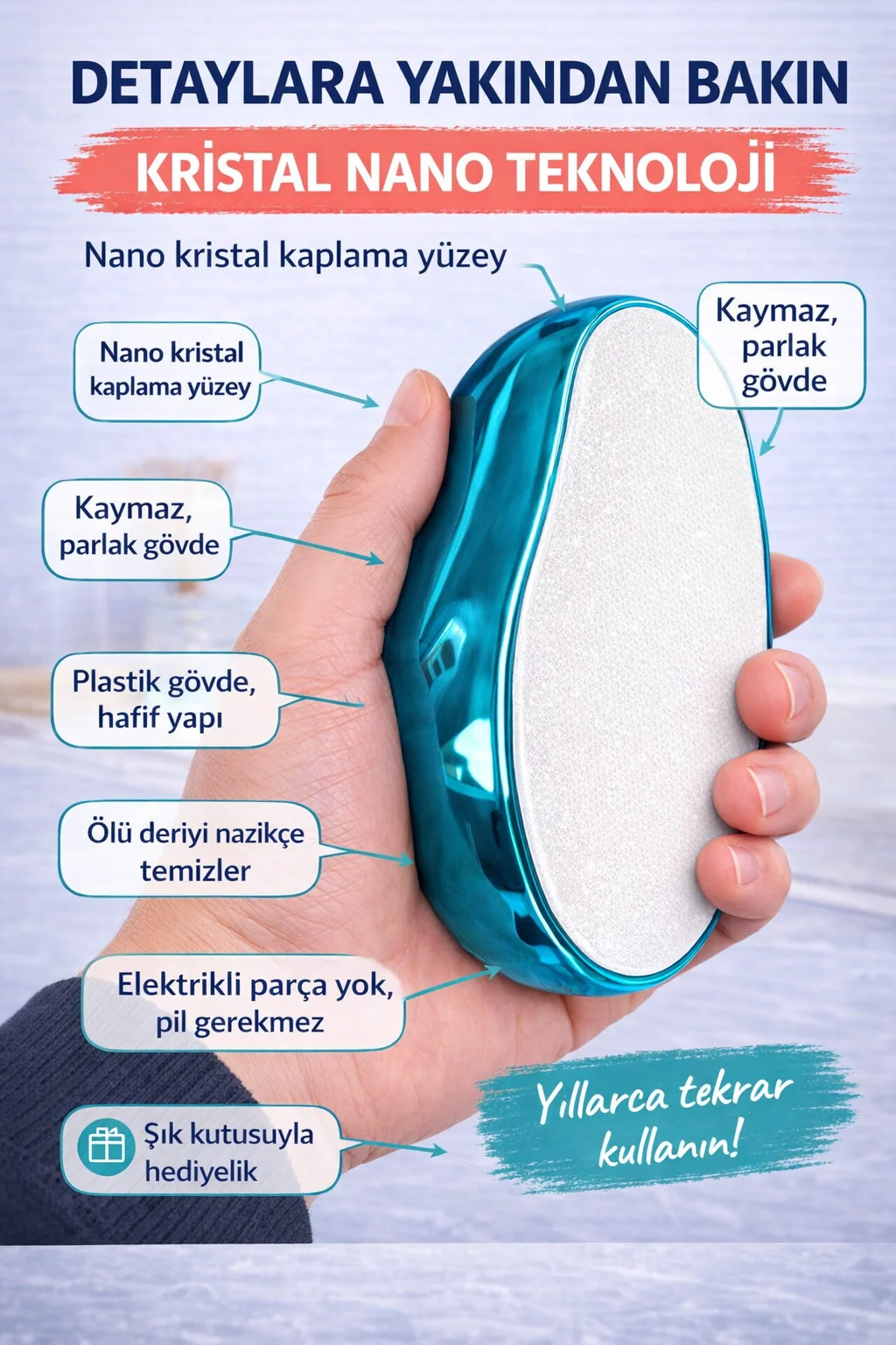 Nano kristal yüzey ve ergonomik oval tasarım detayları — Kristal nano yüzey, kaymaz gövde ve renk seçenekleri yakın çekim